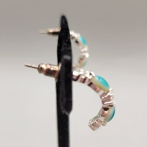 Turquoise Color Silver Tone Half Hoop Earrings With Stud Back - Picture 4 of 7